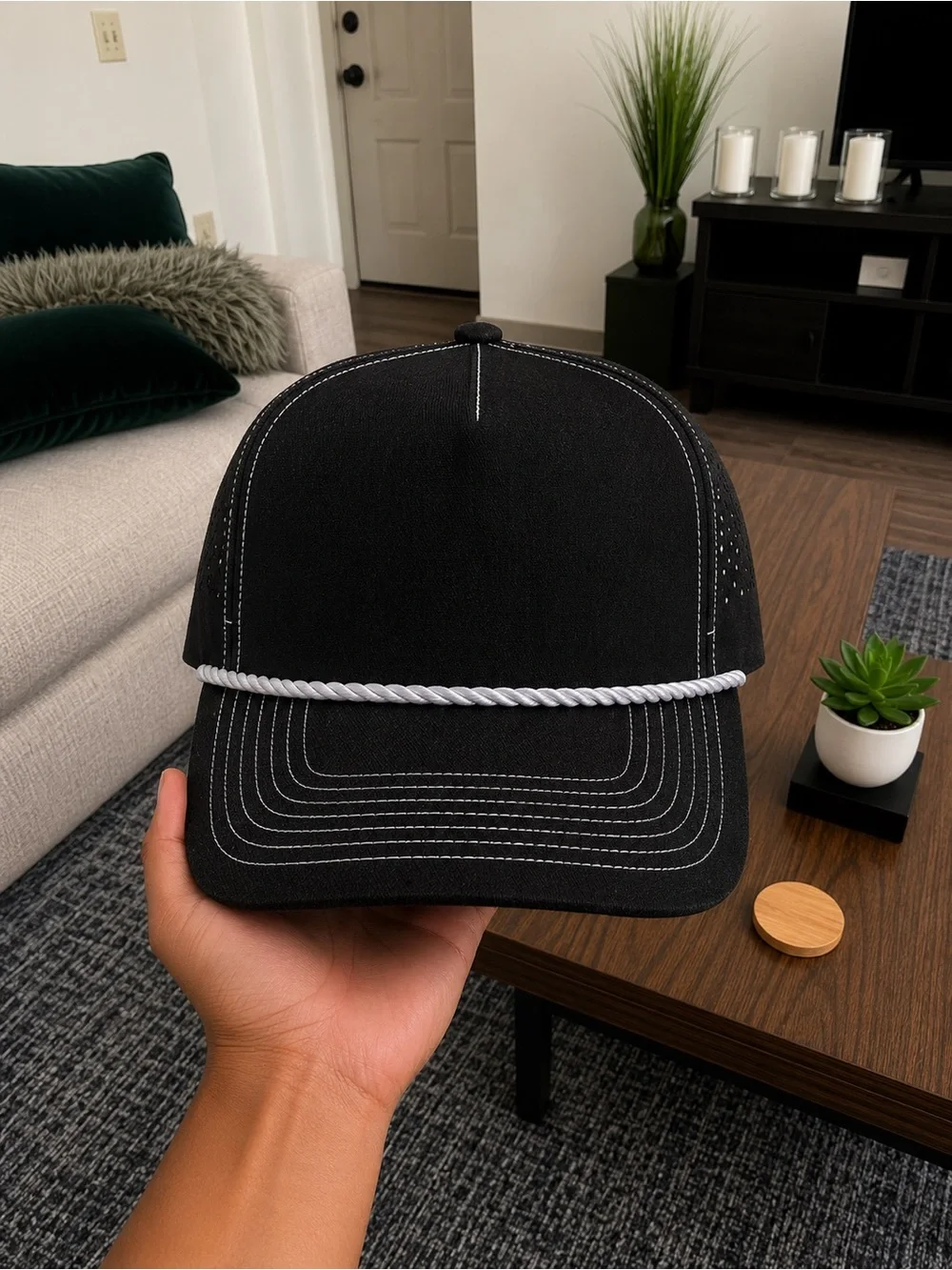 Men's Black Rope-Trim denim snapback Baseball Cap